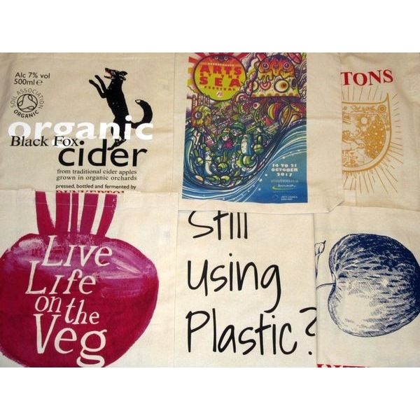 montage of finished fairtrade organic bags including Christian Aid, Ecover, Glastonbury Festival, Ed Sheeran